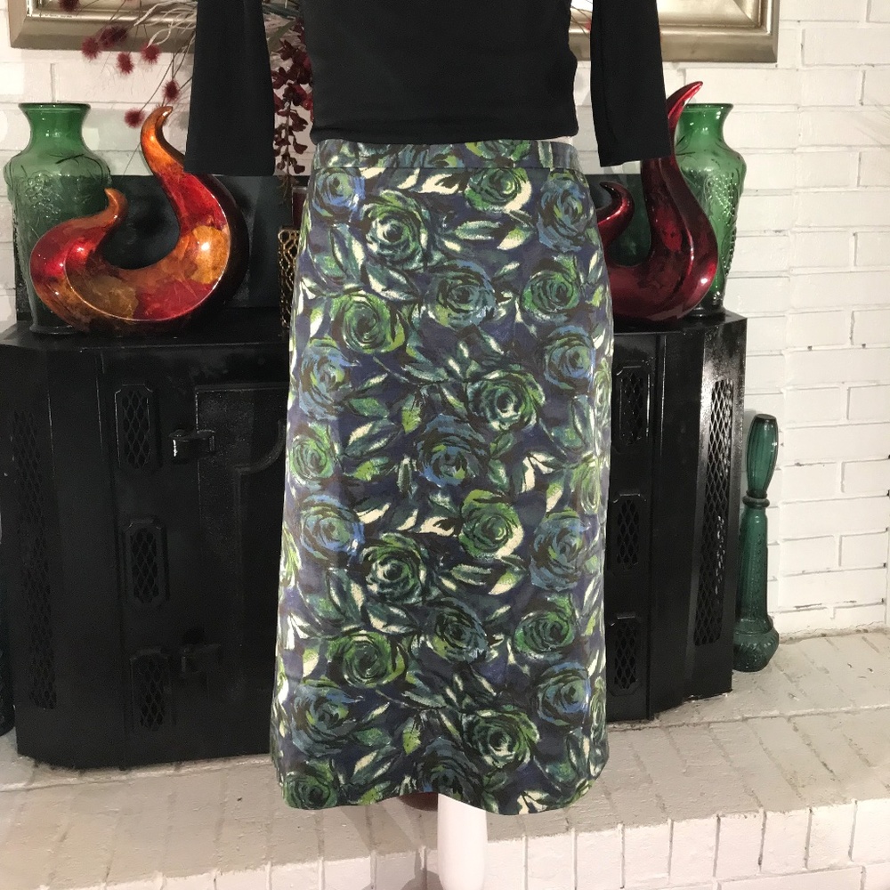 Ann Taylor LOFT  Green Blue Floral Pencil Skirt SZ 14